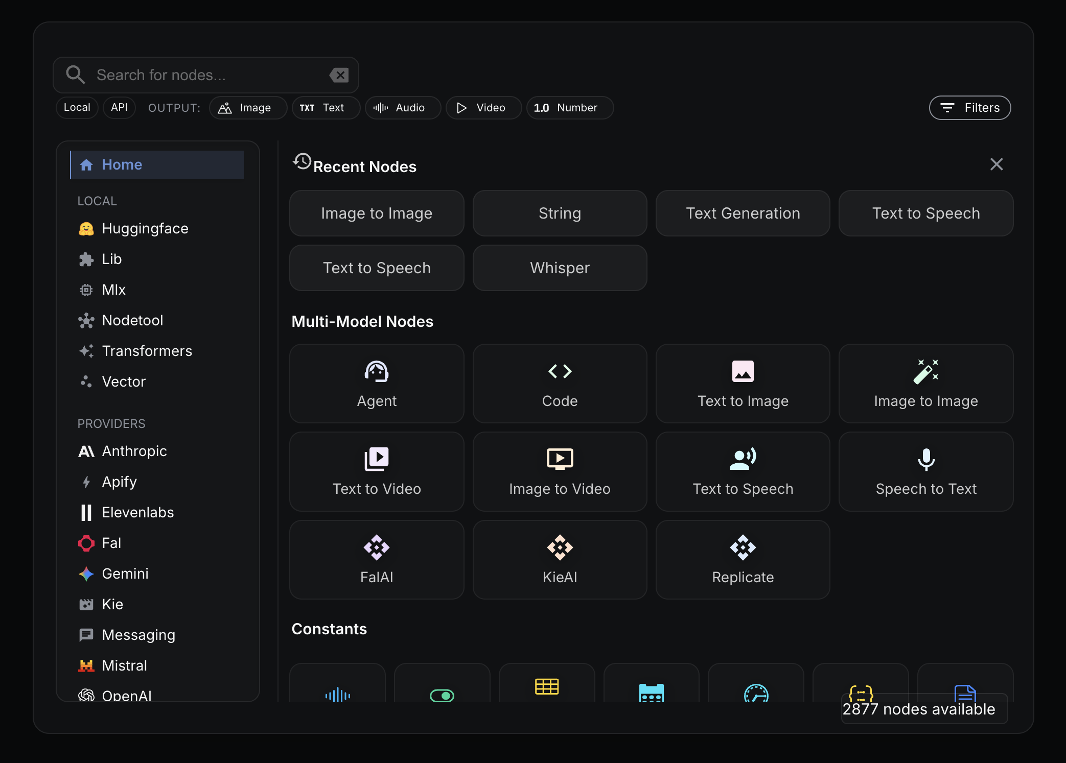 Node menu showing all available node types